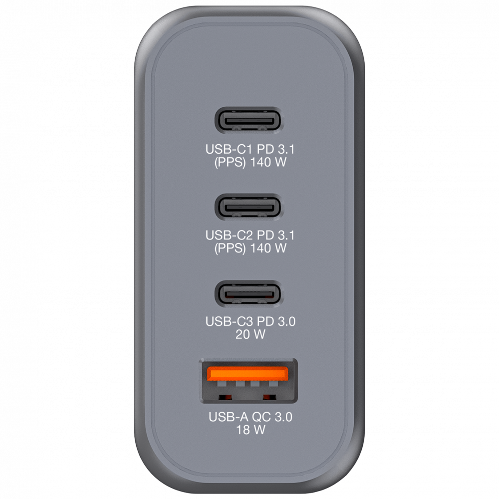 140W 4-port GaN-vægoplader 2 x USB-C® PD 140W / 1 x USB-C® PD 20W / 1 x USB-A QC 3.0 (EU/UK/US)