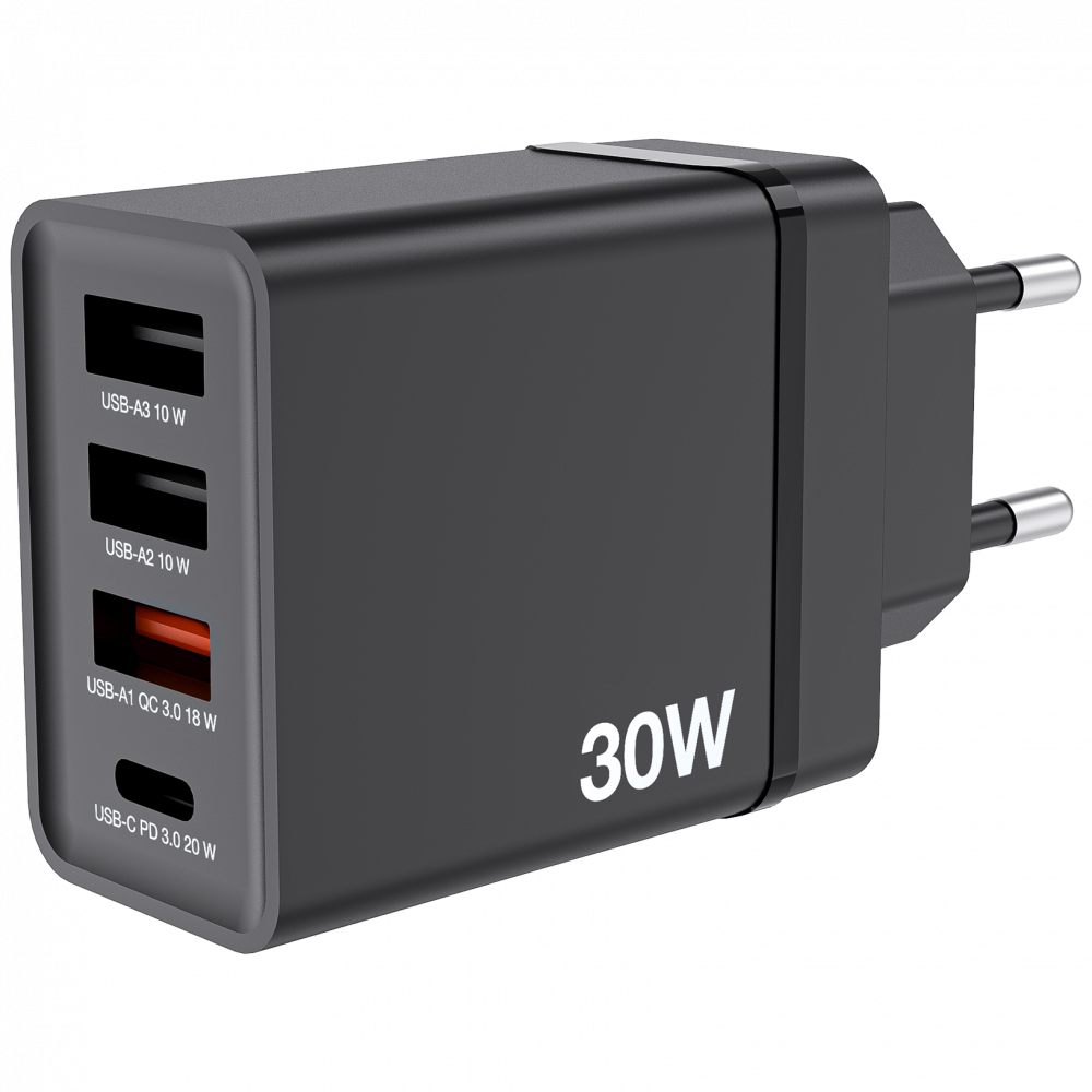 30 W 4-port USB-vægoplader - sort 1 x USB-C® PD 20 W / 1 x USB-A QC 3.0 / 2 x USB-A 10 W (EU)