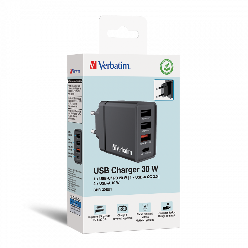 30 W 4-port USB-vægoplader - sort 1 x USB-C® PD 20 W / 1 x USB-A QC 3.0 / 2 x USB-A 10 W (EU)