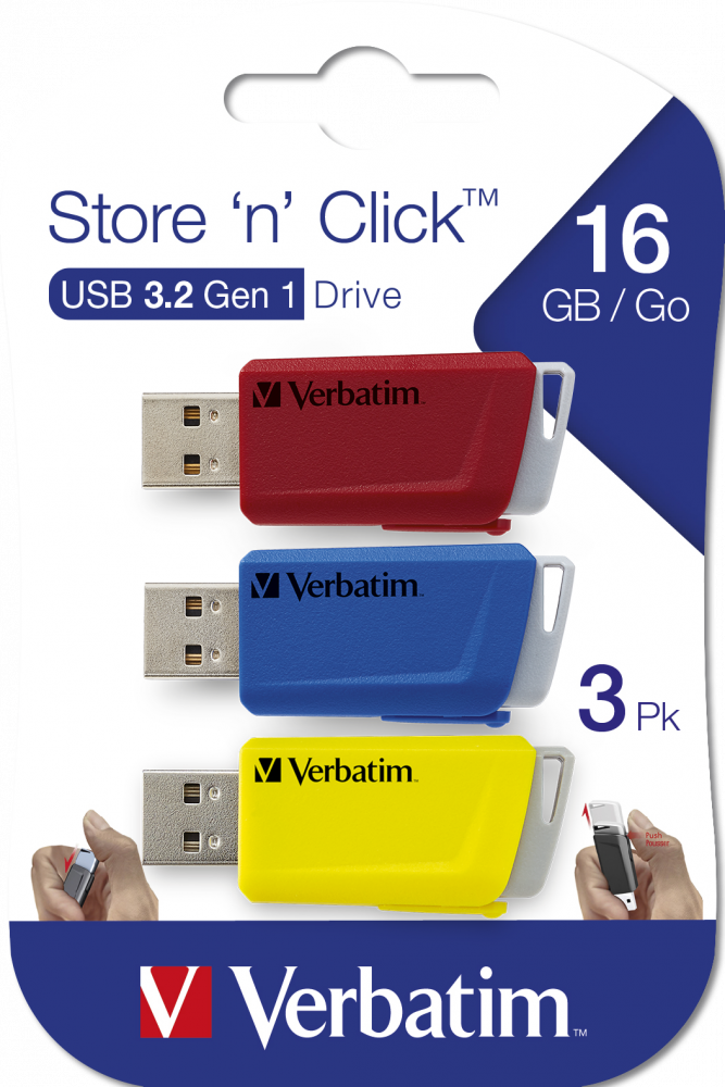 Store 'n' Click USB-drev 3 x 16 GB rød / blå / gul
