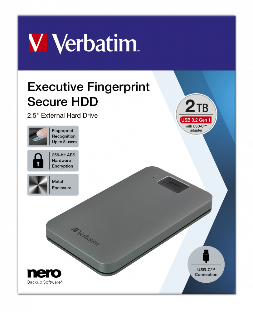 Executive fingeraftrykssikret Bærbar USB-C harddisk 2 TB
