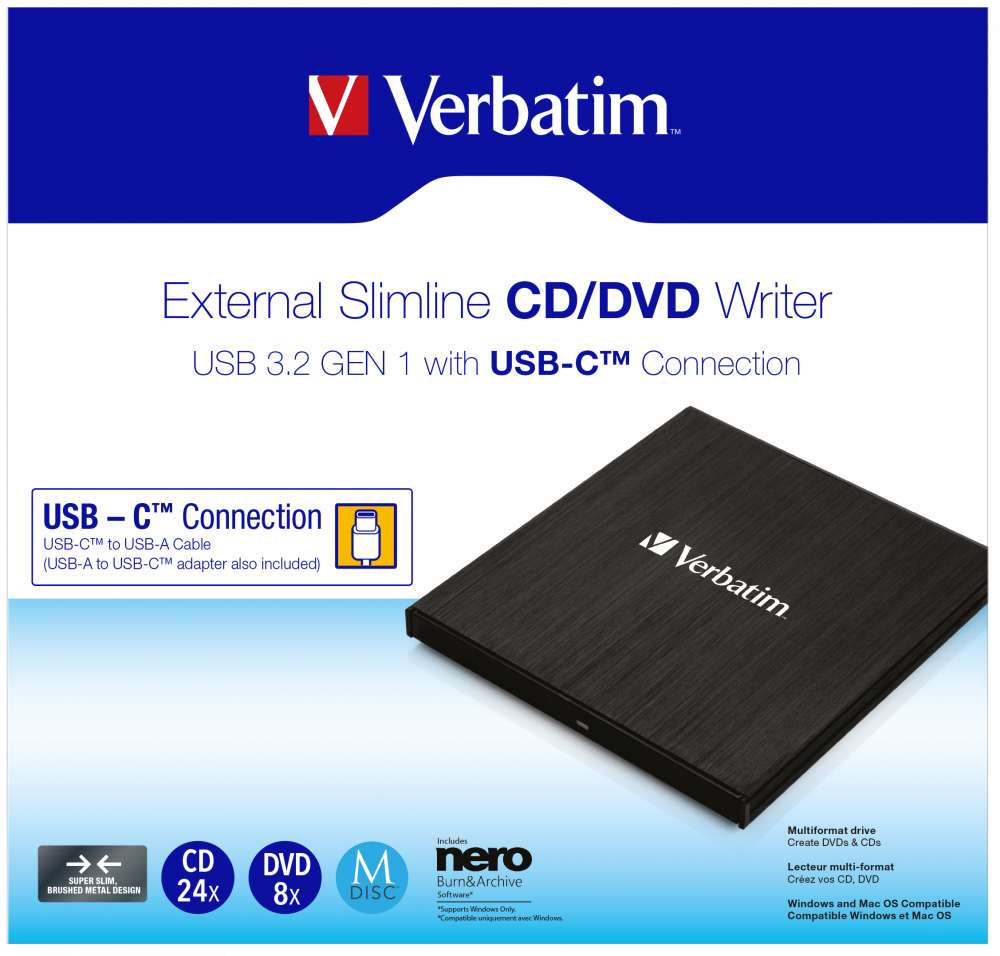 Ekstern, slank CD/DVD-brænder med USB-C-forbindelse 
