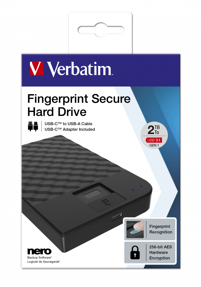 Fingeraftryk-sikret Bærbar harddisk 2 TB