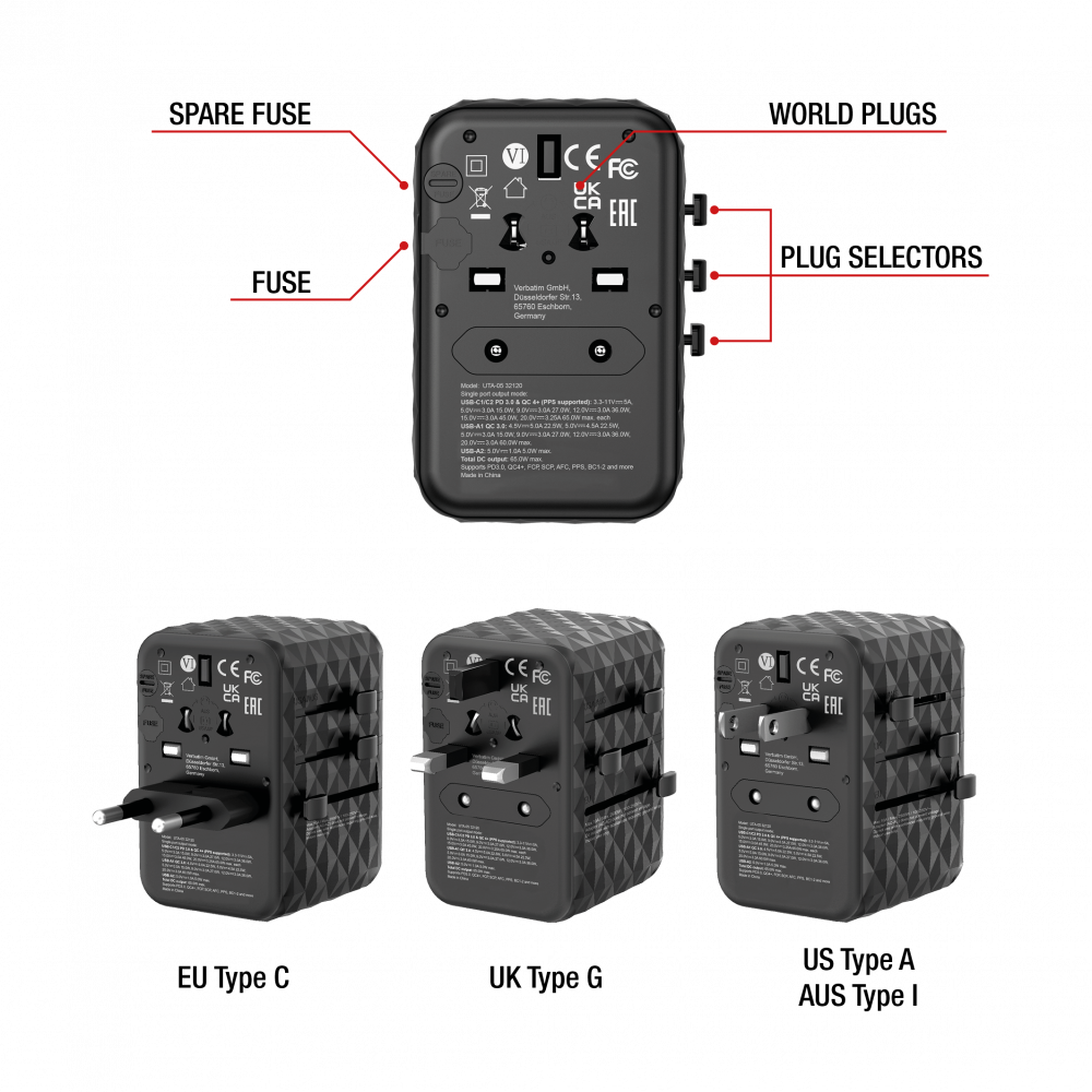 GaN III universal-rejseadapter UTA-05 med 2 x USB-C PD og QC 4+ og 2 x USB-A-porte